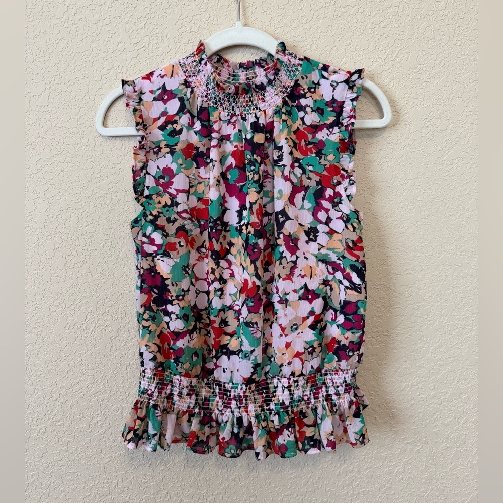 J.Crew Sleeveless Mockneck Smocked Top In Splatter Floral, Size 4